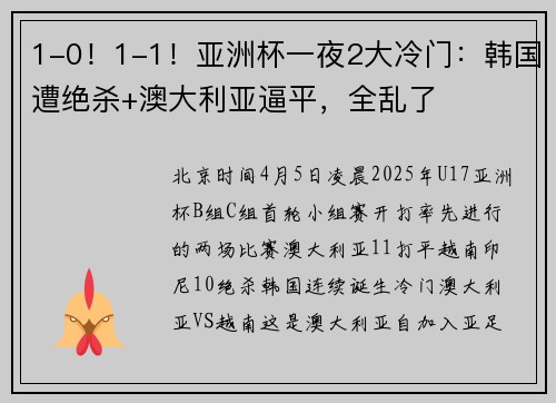 1-0！1-1！亚洲杯一夜2大冷门：韩国遭绝杀+澳大利亚逼平，全乱了